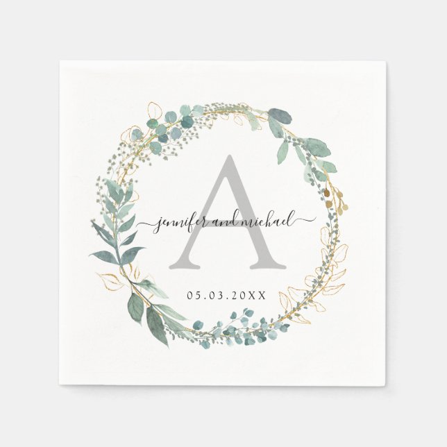 Serviette En Papier Monogramme, élégant mariage eucalyptus (Devant)