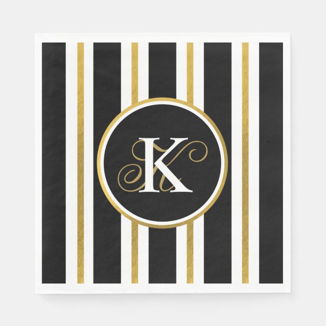 Serviette En Papier Monogramme Elégant Noir & Or Personnalisé (Devant)