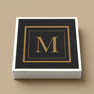Serviette En Papier Monogramme encadré noir et or personnalisé