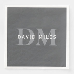 Serviette En Papier Monogramme et nom gris foncé moderne