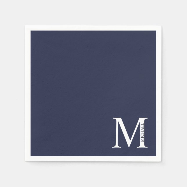 Serviette En Papier Monogramme et nom personnalisés bleu marine (Devant)