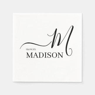 Serviette En Papier Monogramme et nom personnalisés noir et blanc