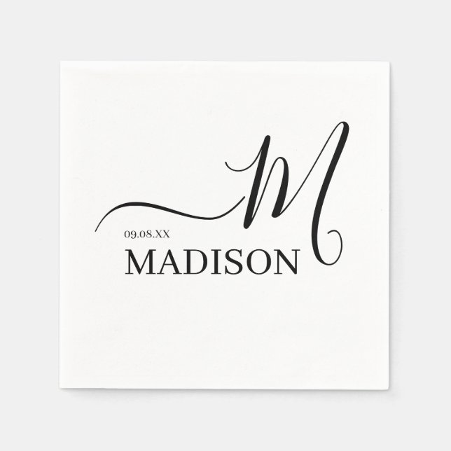 Serviette En Papier Monogramme et nom personnalisés noir et blanc (Devant)