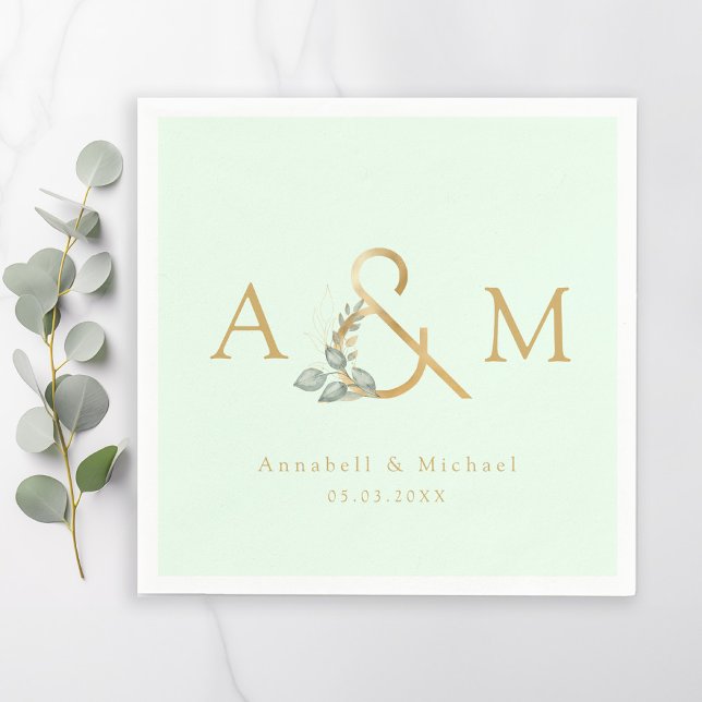 Serviette En Papier Monogramme, Eucalyptus Ampersand, Vert & Or (Monogram, Eucalyptus Ampersand, Green & Gold Napk Napkins)
