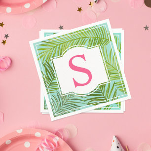 Serviette En Papier Monogramme Feuille Tropical Rose Aqua Green Palm