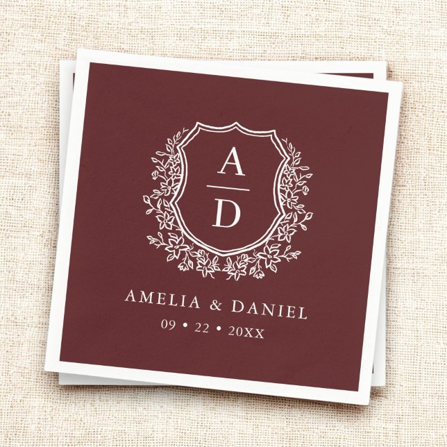 Serviette En Papier Monogramme Floral Crest Bordeaux Mariage (Créateur téléchargé)