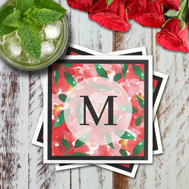Serviette En Papier Monogramme floral d'aquarelle rouge (Red roses floral cocktail napkins with black border and monogram)
