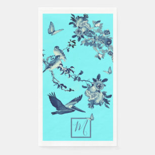 Serviette En Papier Monogramme floral élégant bleu Chinoiserie