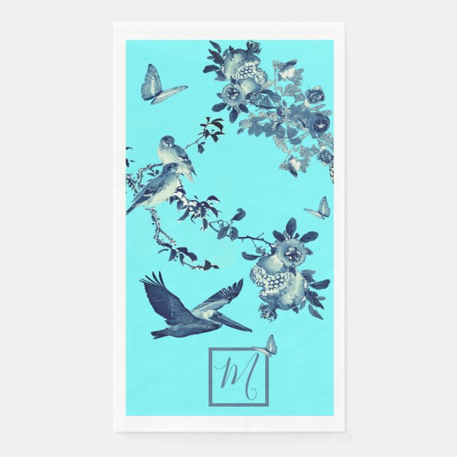 Serviette En Papier Monogramme floral élégant bleu Chinoiserie (Devant)