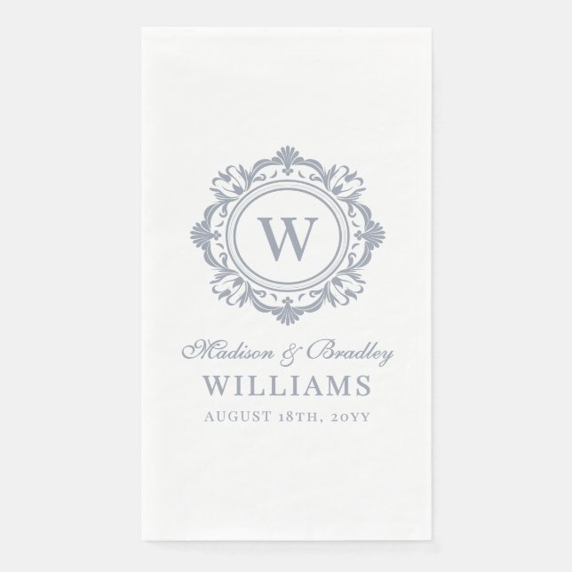 Serviette En Papier Monogramme Floral Orné Mariage Élégant Argent (Devant)