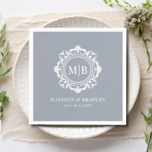 Serviette En Papier Monogramme Floral Orné Mariage Élégant Argent