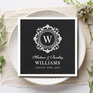 Serviette En Papier Monogramme Floral Orné Mariage Élégant noir blanc
