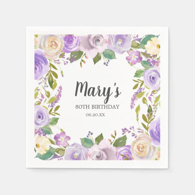 Serviette En Papier Monogramme floral pourpre 80e fête d'anniversaire (Devant)