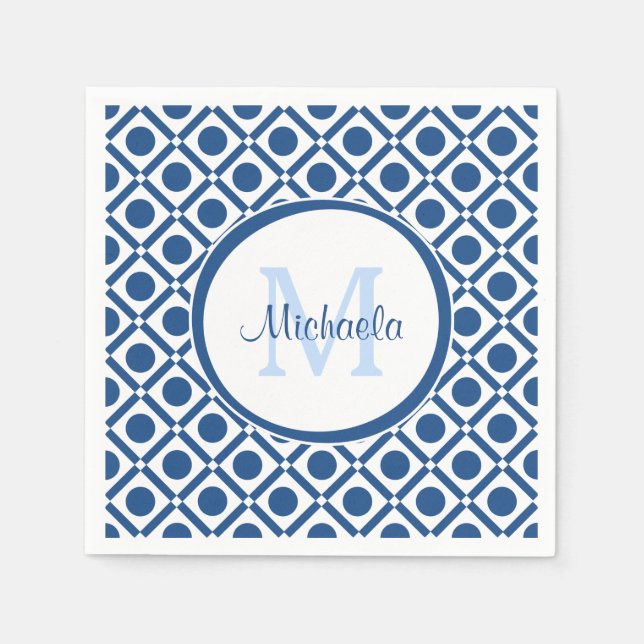 Serviette En Papier Monogramme géométrique bleu et blanc moderne avec  (Devant)
