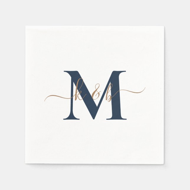 Serviette En Papier Monogramme Gold & Navy Swash Script Cocktail blanc (Devant)
