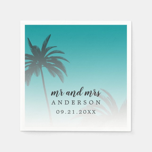 Serviette En Papier Monogramme Green Tropical Palm Tree Beach Mariage (Devant)
