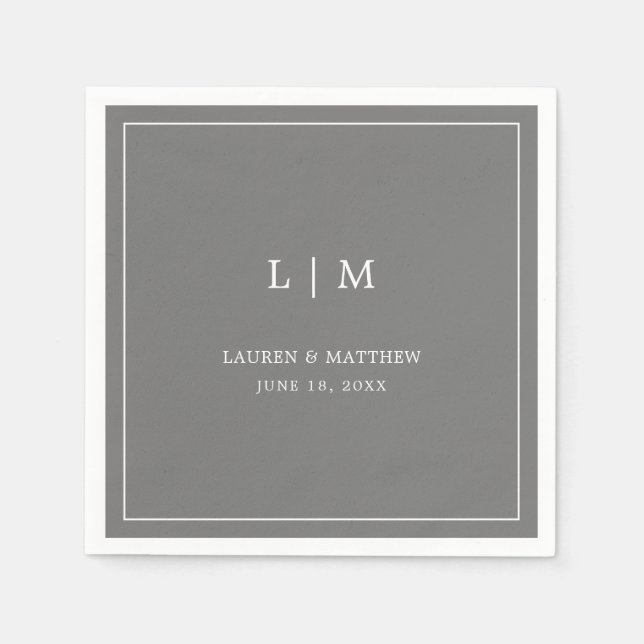 Serviette En Papier Monogramme gris foncé simple Mariage élégant (Devant)