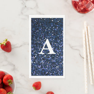 Serviette En Papier Monogramme Initial Bleu Paillettes Blanc Nom Perso