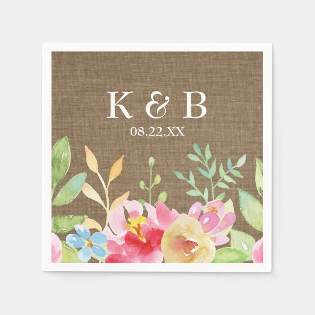 Serviette En Papier Monogramme Initiales Date Aquarelle Fleurs Burlap (Devant)