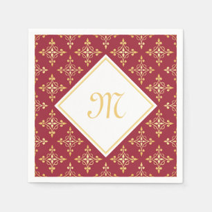 Serviette En Papier Monogramme Luxe Rouge et Or Quatre Floral