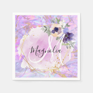 Serviette En Papier Monogramme Marbre Arc-en-ciel Violet, Rose & Or