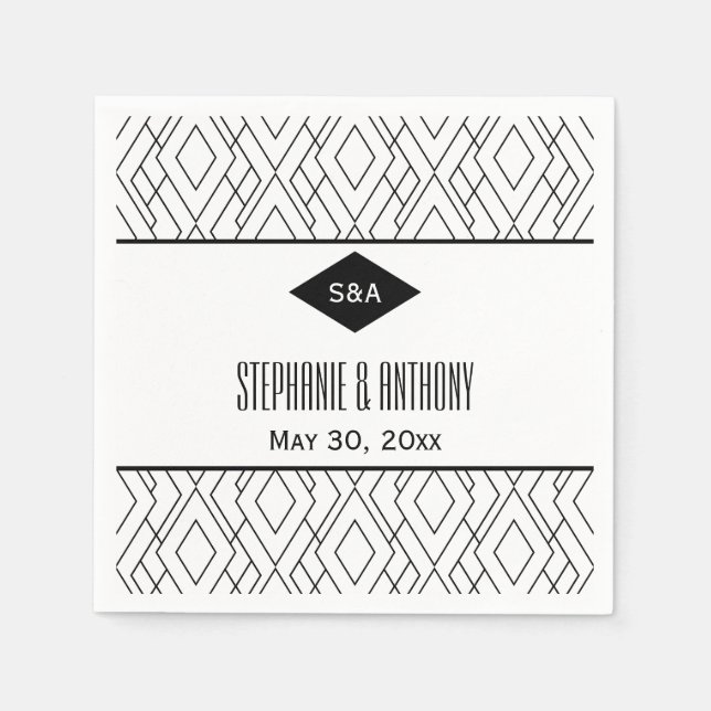 Serviette En Papier Monogramme Mariage Art déco noir et blanc (Devant)