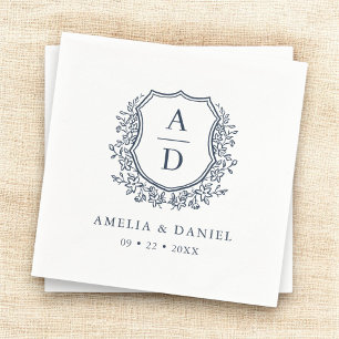 Serviette En Papier Monogramme Mariage bleu de la marine Floral Crest
