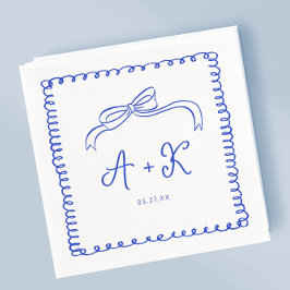 Serviette En Papier Monogramme Mariage bleu français tiré à la main