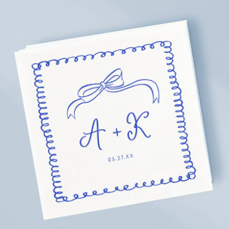Serviette En Papier Monogramme Mariage bleu français tiré à la main