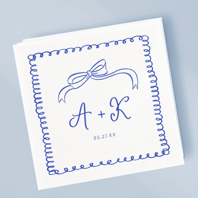 Serviette En Papier Monogramme Mariage bleu français tiré à la main (Créateur téléchargé)