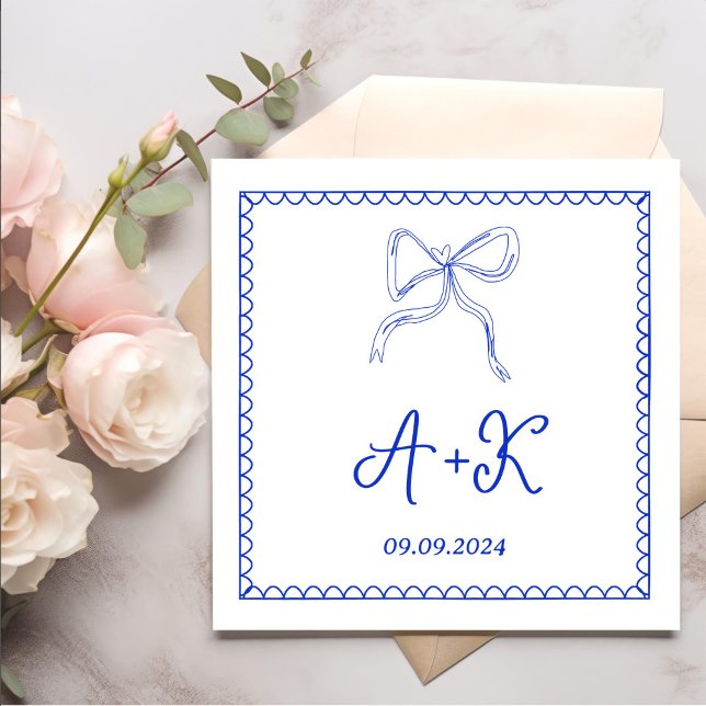 Serviette En Papier Monogramme Mariage bleu français tiré à la main (Créateur téléchargé)