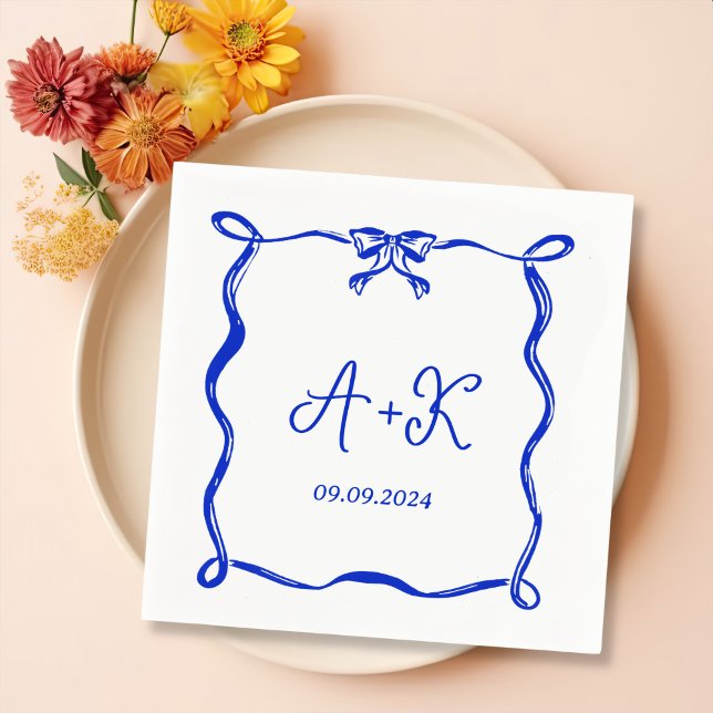 Serviette En Papier Monogramme Mariage bleu français tiré à la main (Créateur téléchargé)