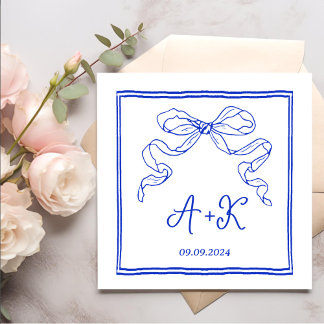 Serviette En Papier Monogramme Mariage bleu français tiré à la main
