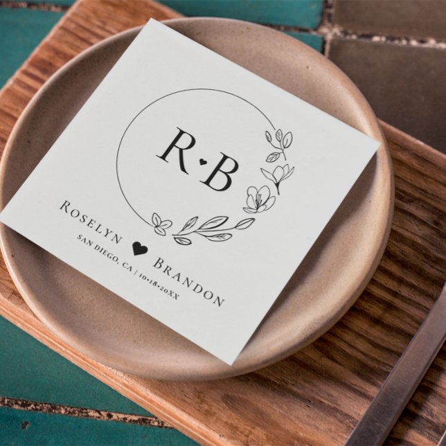 Serviette En Papier Monogramme Mariage de couronne florale simple et é (Monogrammed wedding napkins in chic, minimal wreath floral design. Customizable names and date.)