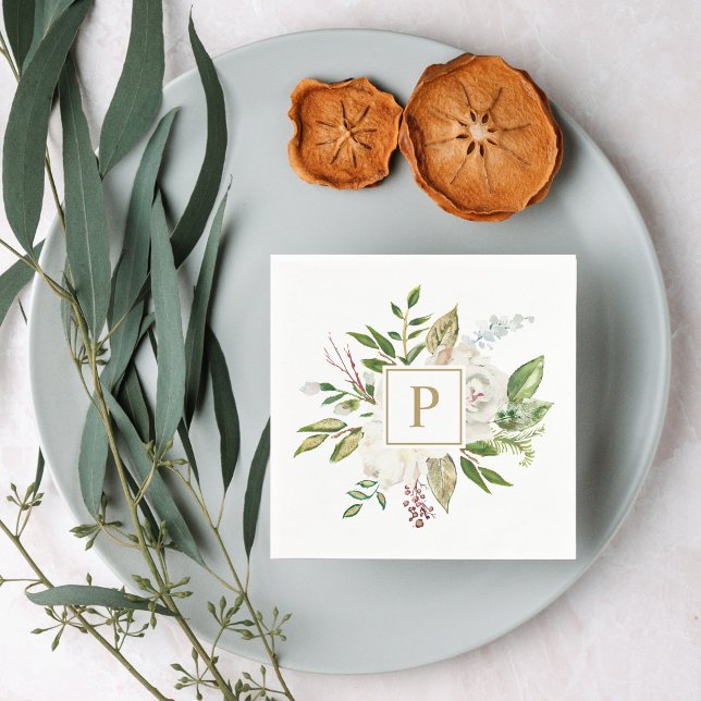 Serviette En Papier Monogramme Mariage de fleurs dorées (Créateur téléchargé)