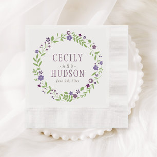 Serviette En Papier Monogramme Mariage de germe vert violet rustique