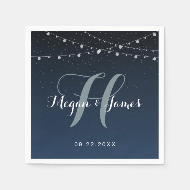 Serviette En Papier Monogramme Mariage de nuit étoilé bleu marine (Devant)