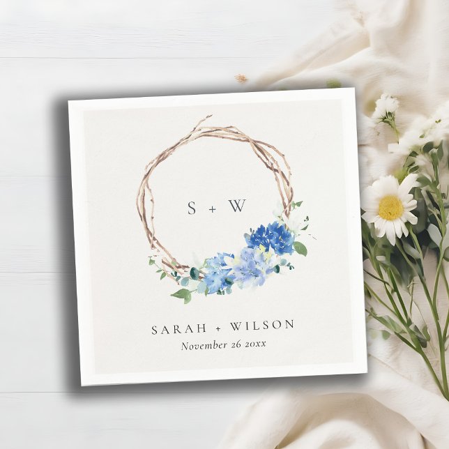 Serviette En Papier Monogramme Mariage en bois floral bleu vif (Créateur téléchargé)