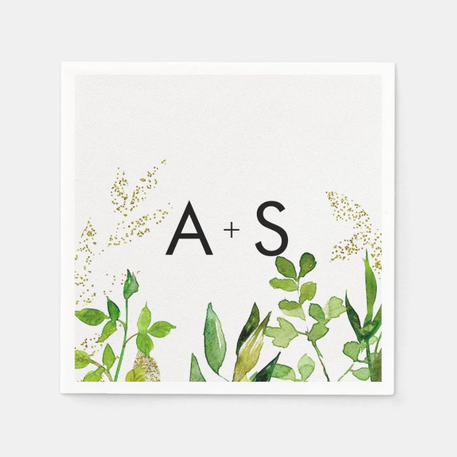 Serviette En Papier Monogramme Mariage encadré de feuilles vertes et o (Devant)