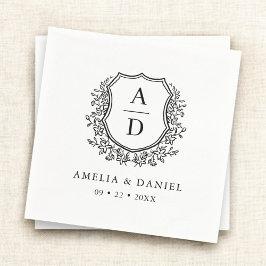 Serviette En Papier Monogramme Mariage Floral Noir Blanc