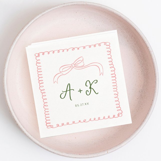 Serviette En Papier Monogramme Mariage français rose et vert tiré à la (Créateur téléchargé)