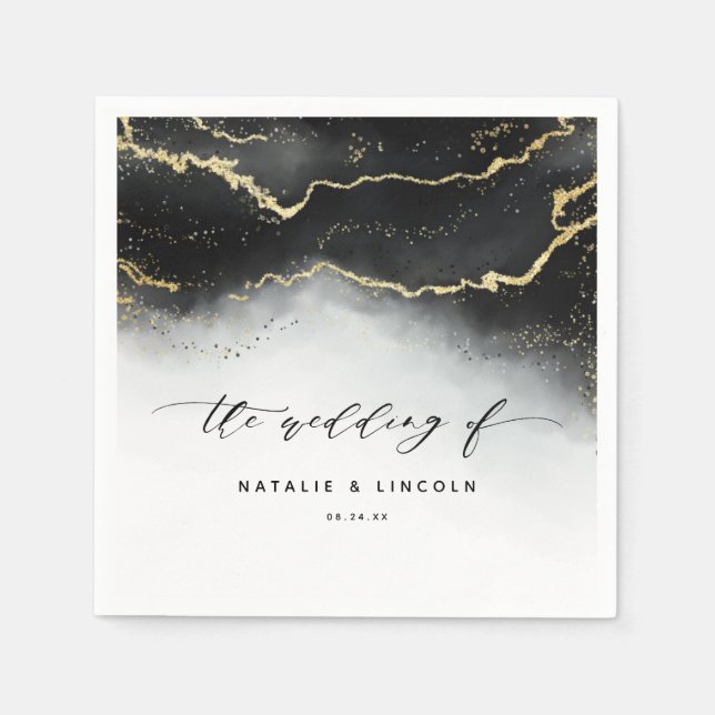 Serviette En Papier Monogramme Mariage Moody Noir Ombre Mist Ethereal (Devant)