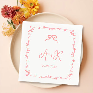 Serviette En Papier Monogramme Mariage rose français tiré à la main