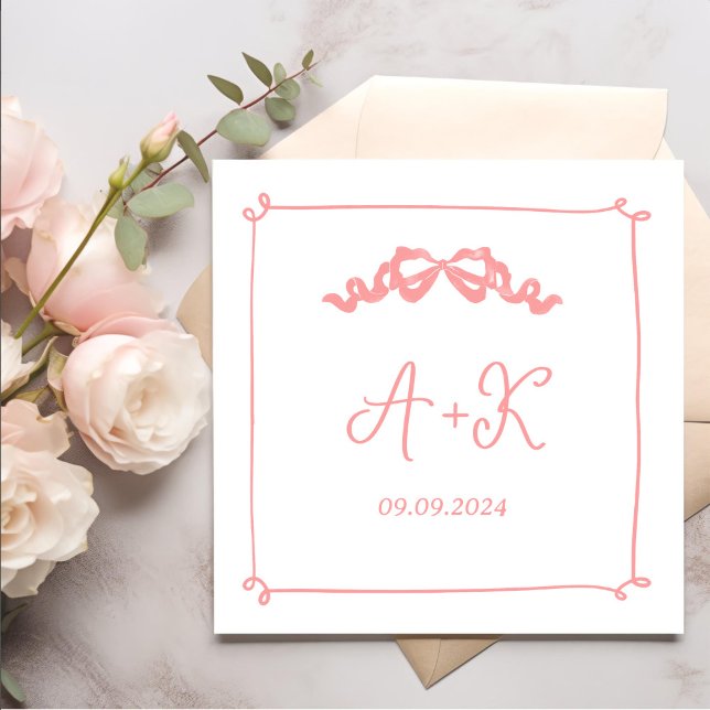 Serviette En Papier Monogramme Mariage rose français tiré à la main (Créateur téléchargé)