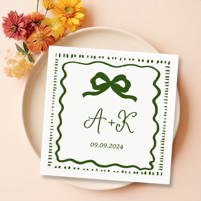 Serviette En Papier Monogramme Mariage vert français tiré à la main (Créateur téléchargé)