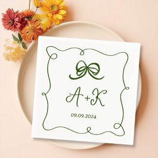 Serviette En Papier Monogramme Mariage vert français tiré à la main