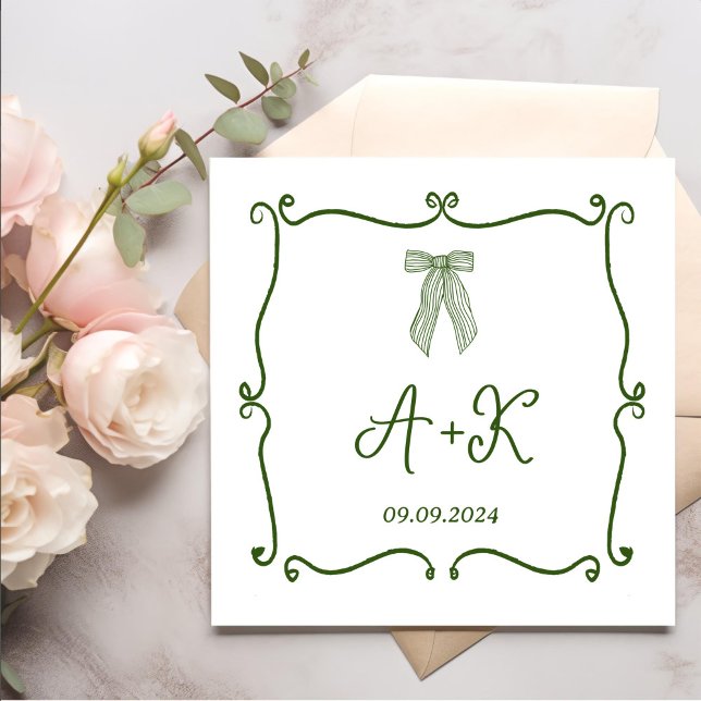 Serviette En Papier Monogramme Mariage vert français tiré à la main (Créateur téléchargé)