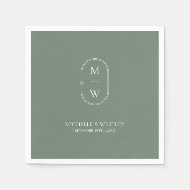 Serviette En Papier Monogramme minimaliste Mariage vert (Devant)