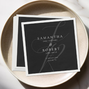 Serviette En Papier Monogramme minimaliste moderne Mariage noir et bla