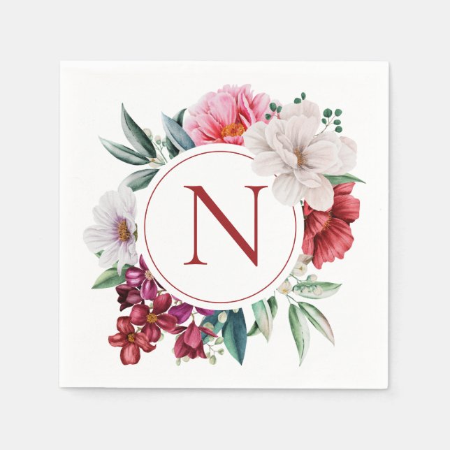 Serviette En Papier Monogramme moderne Floral personnalisé (Devant)